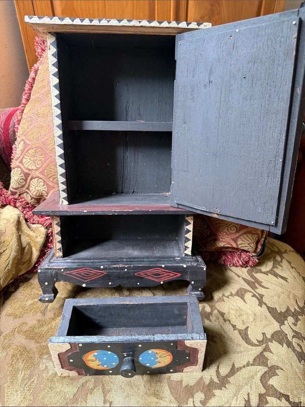 Hand-Painted Bohemian Vintage Wooden Jewelry Cabinet with Sun & Moon